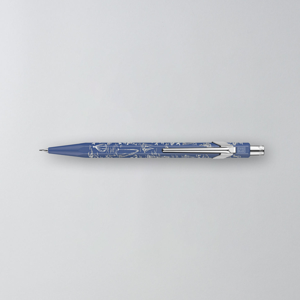 Blauer Toile de Jouy Minenhalter mit cremefarbenem Motiv in der Aufsicht