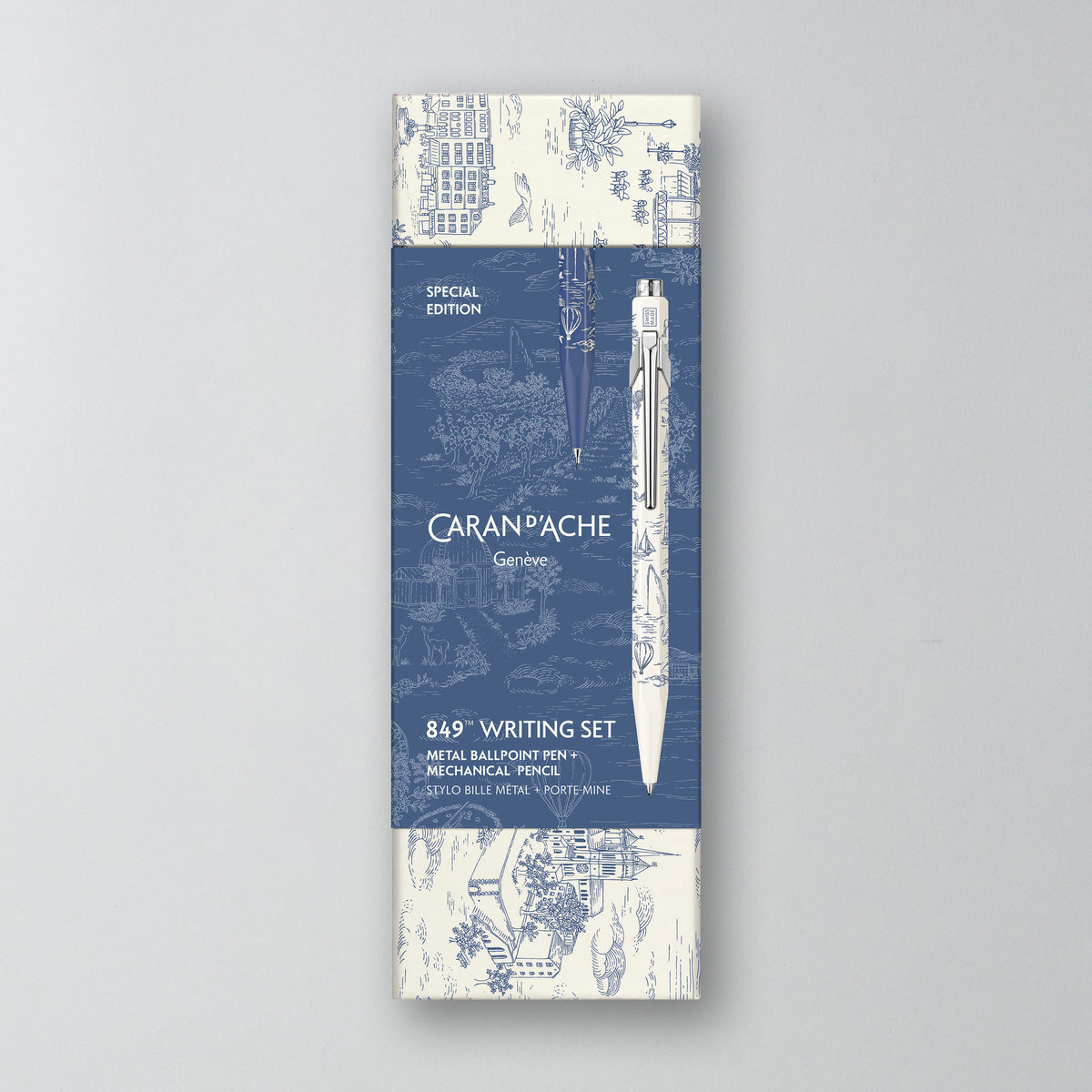 Kartonbox des Toile de Jouy Kugelschreiber-Sets mit Banderole