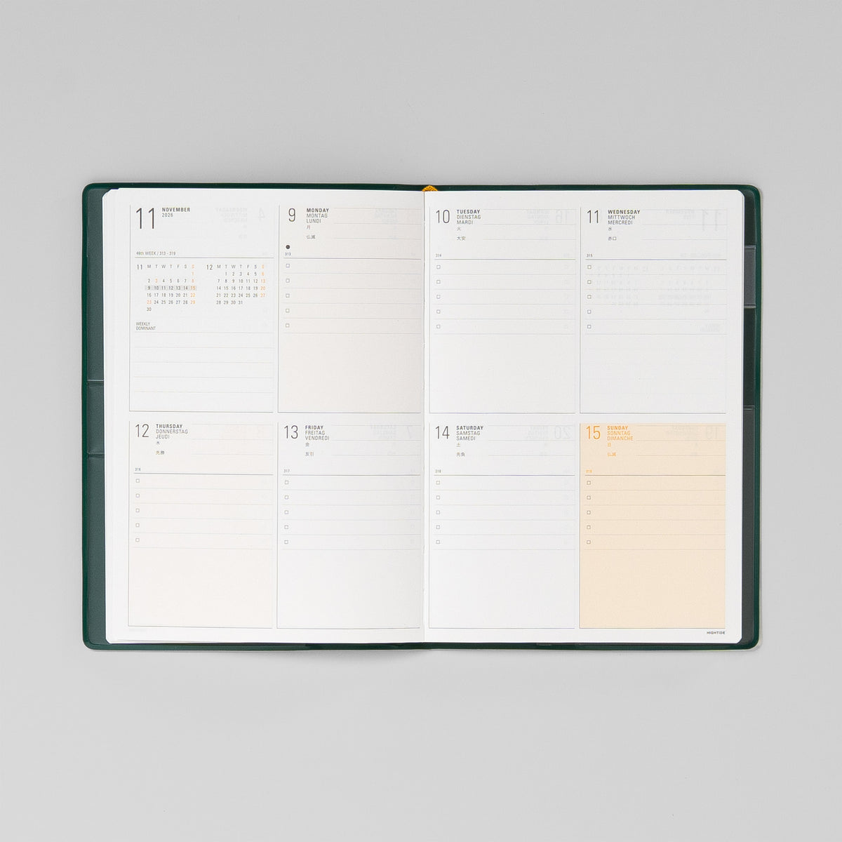 Wochenansicht im Iris B6 Wochenkalender – acht Blöcke pro Doppelseite