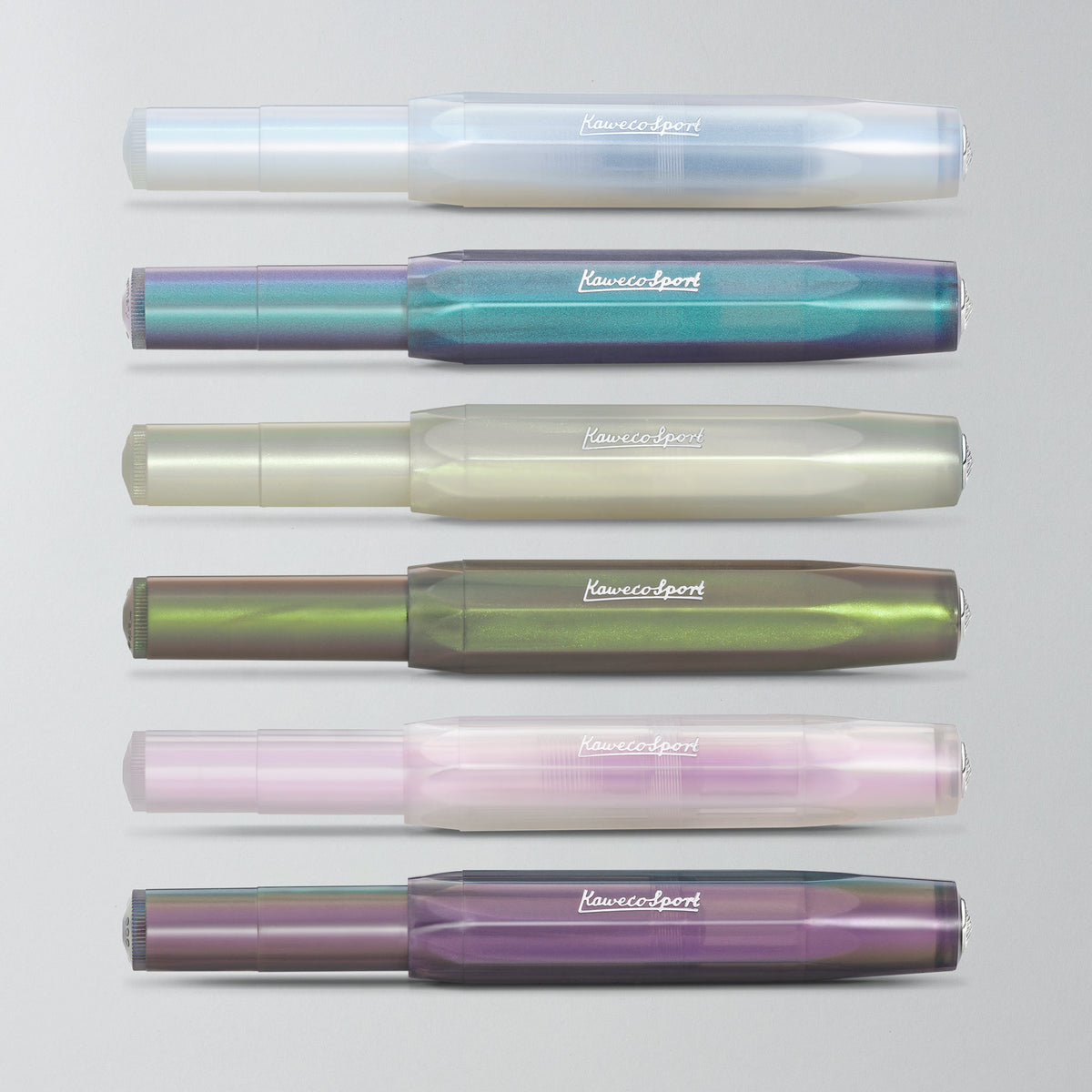 Alle sechs Kaweco Lunar Sport Füller im Vergleich: Light und Shadow in Blau, Grün und Lila