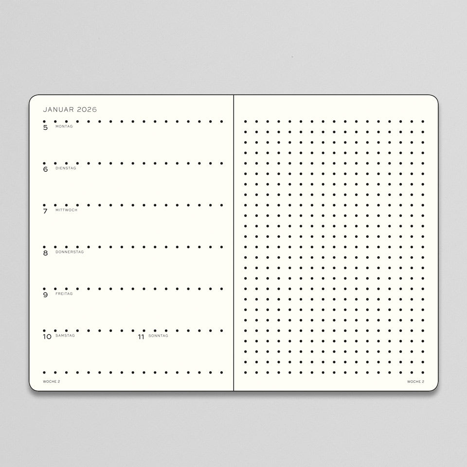 Wochenkalender und Notizbuch 2026 gepunktet
