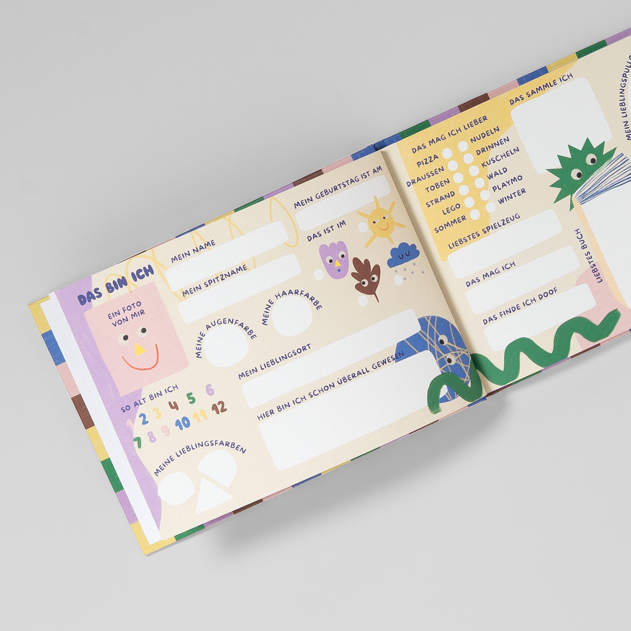 Detailansicht der Steckbrief-Doppelseite mit Illustrationen und Ausfüllfeldern