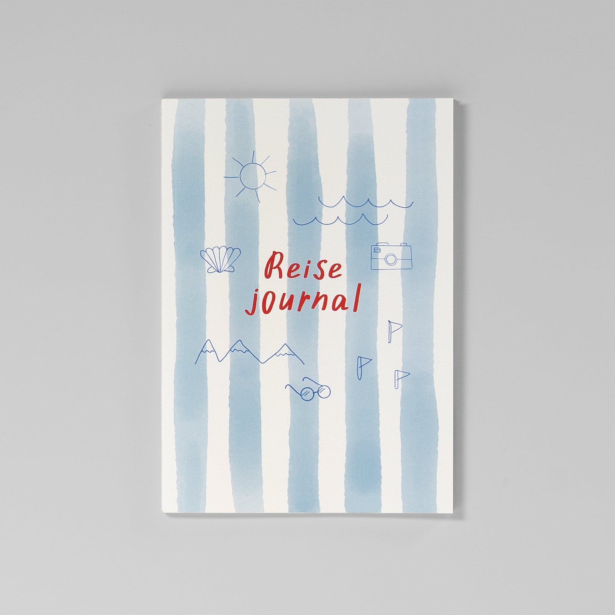 Reisejournal von Anna Beddig mit blau gestreiftem Aquarell-Cover und roter Handschrift – bei Eisenhauer