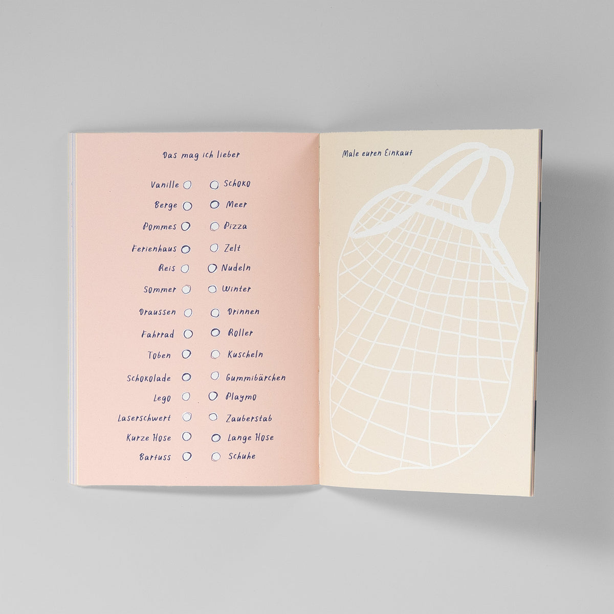 Entweder-oder-Liste zum Ankreuzen und großes Einkaufsnetz zum Ausmalen