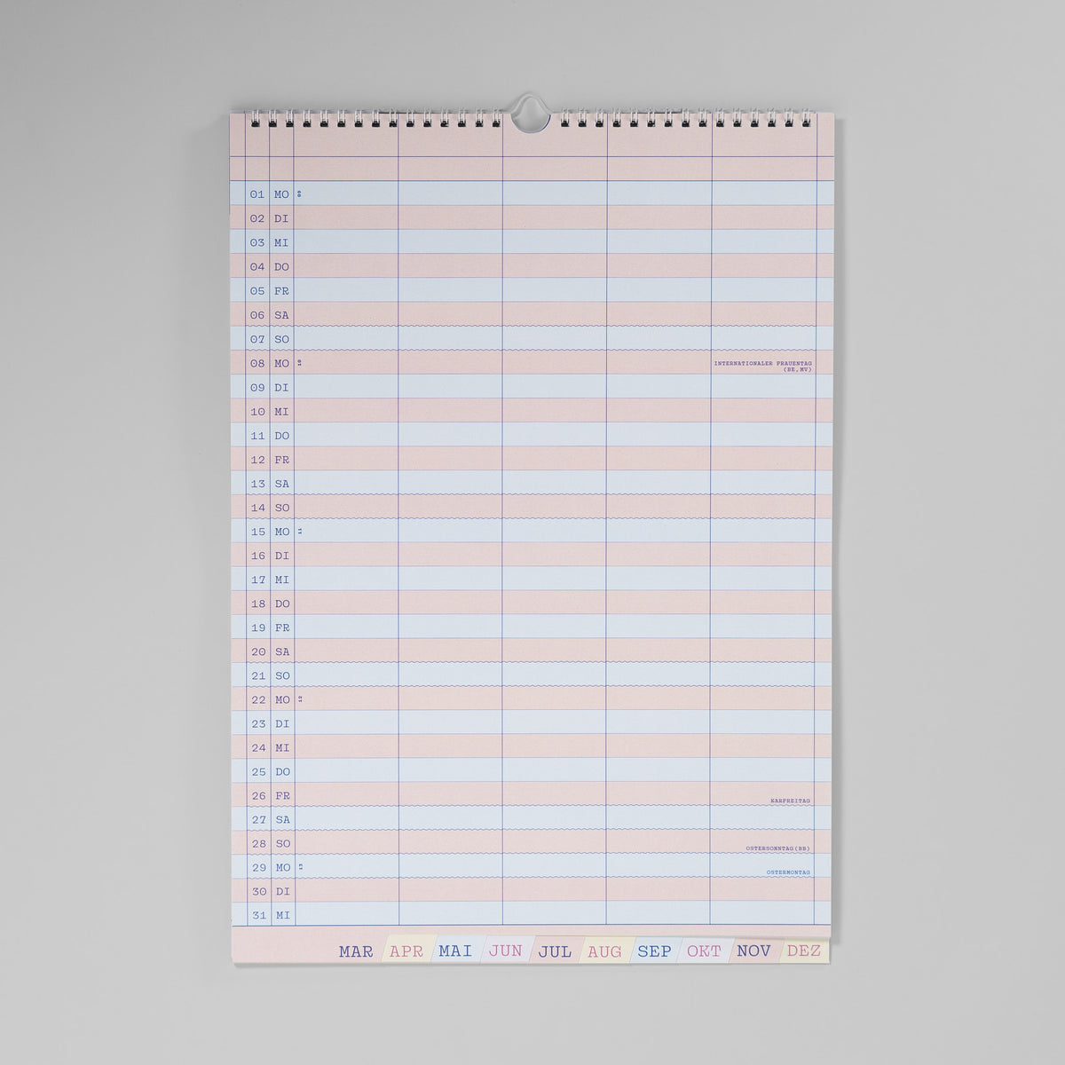 Monatsansicht März 2027 im Familienplaner, eine Monatsseite pro Blatt im Großformat