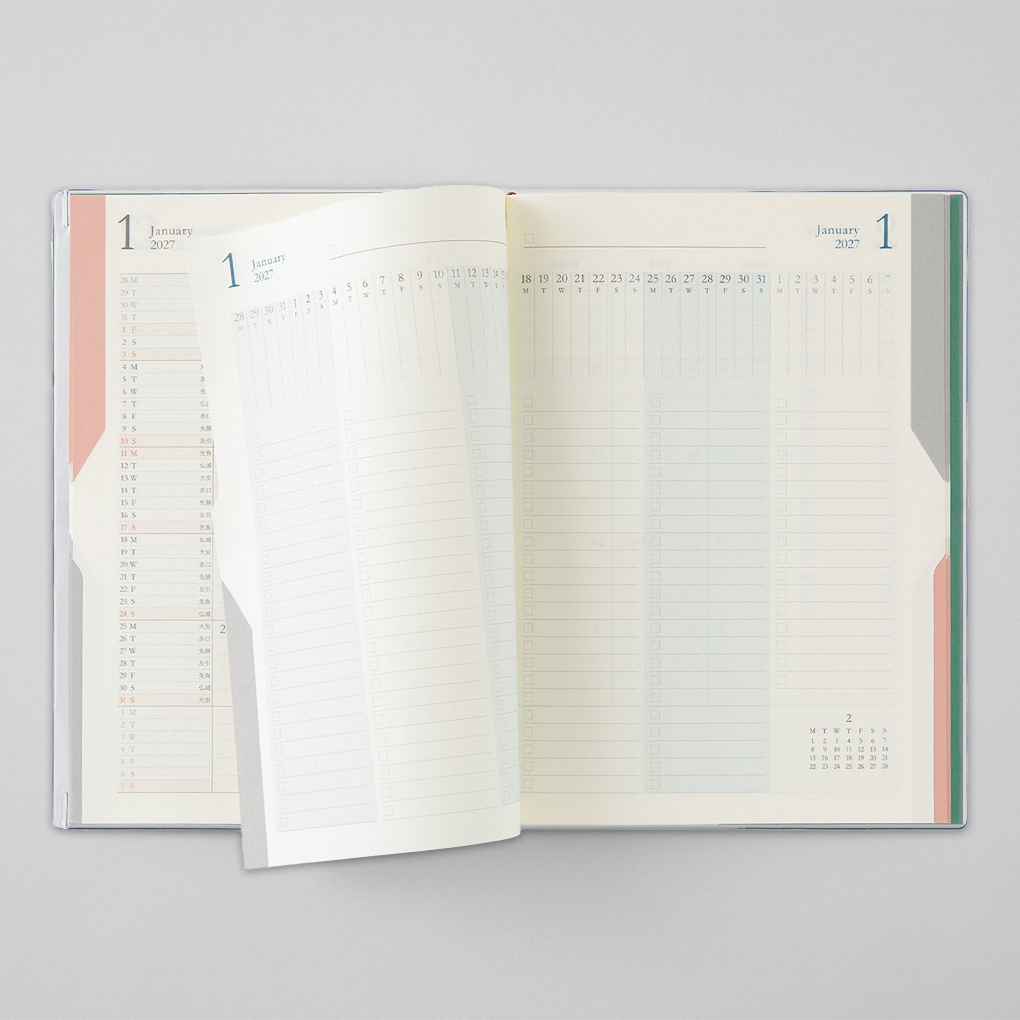 Midori B6 Doppelplaner mit Wochen-To-Do 2027 – Aufgeschlagen mit To-Do-Liste und Monatsübersicht nebeneinander