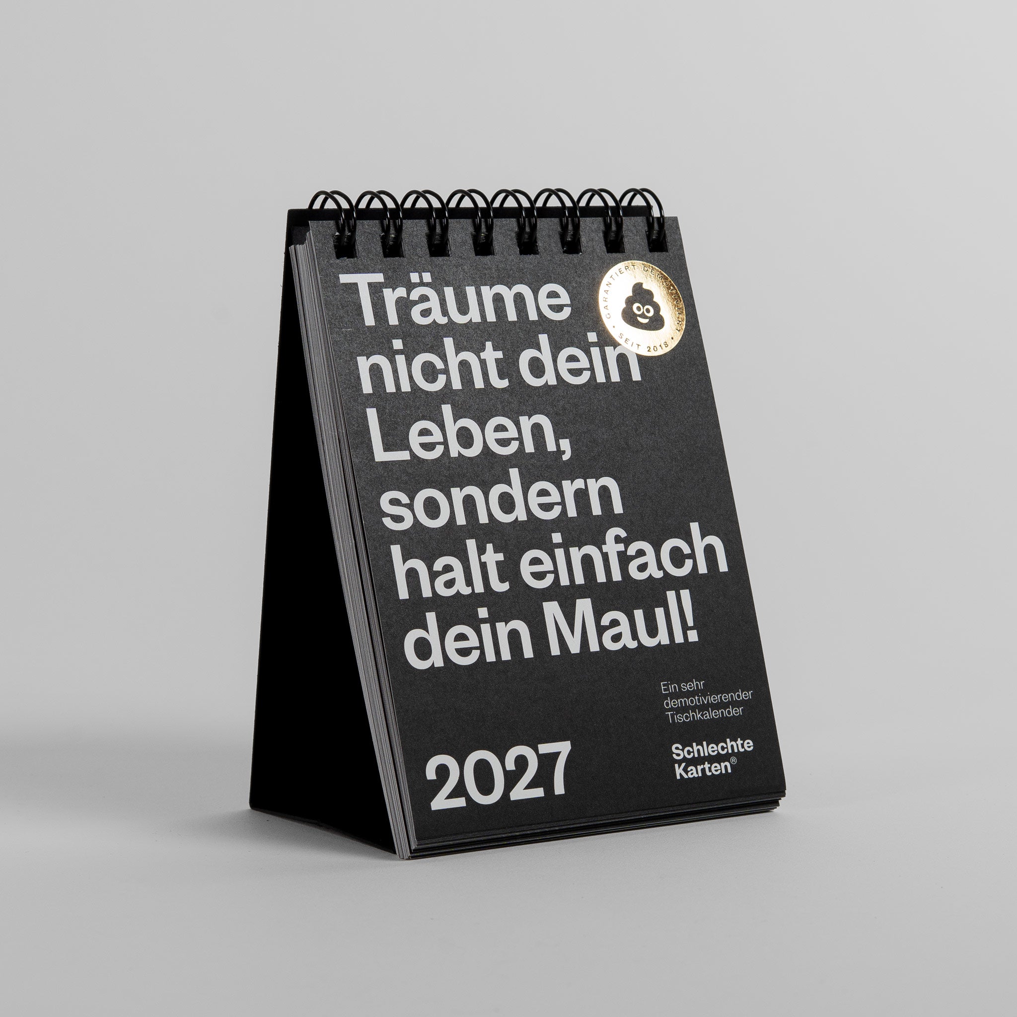 Schlechte Karten Tischkalender 2027, Titelseite mit Spruch „Halt dein Maul“