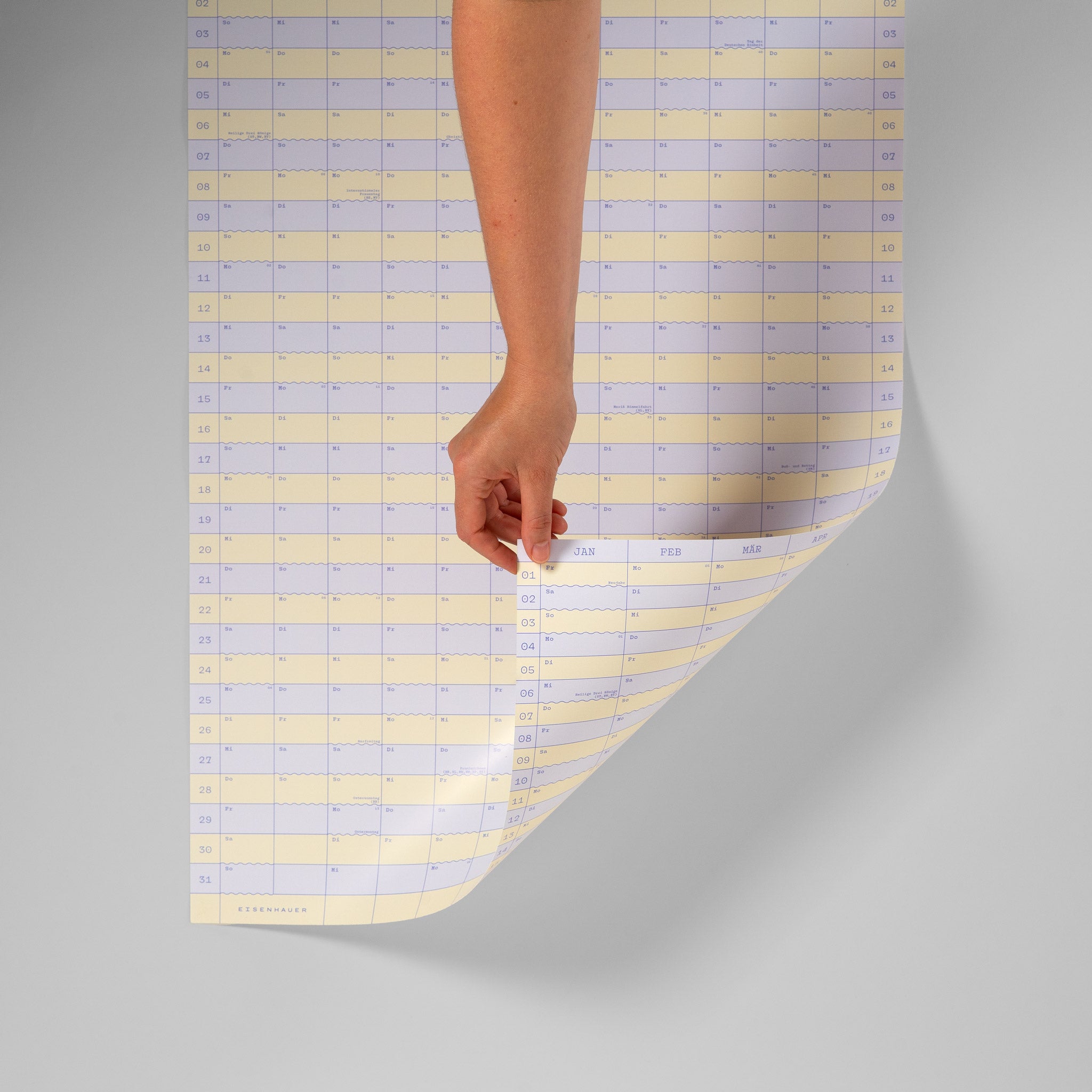 Wandkalender 2027, lila-gelb gestreift, Hochformat – Vorder- und Rückseite