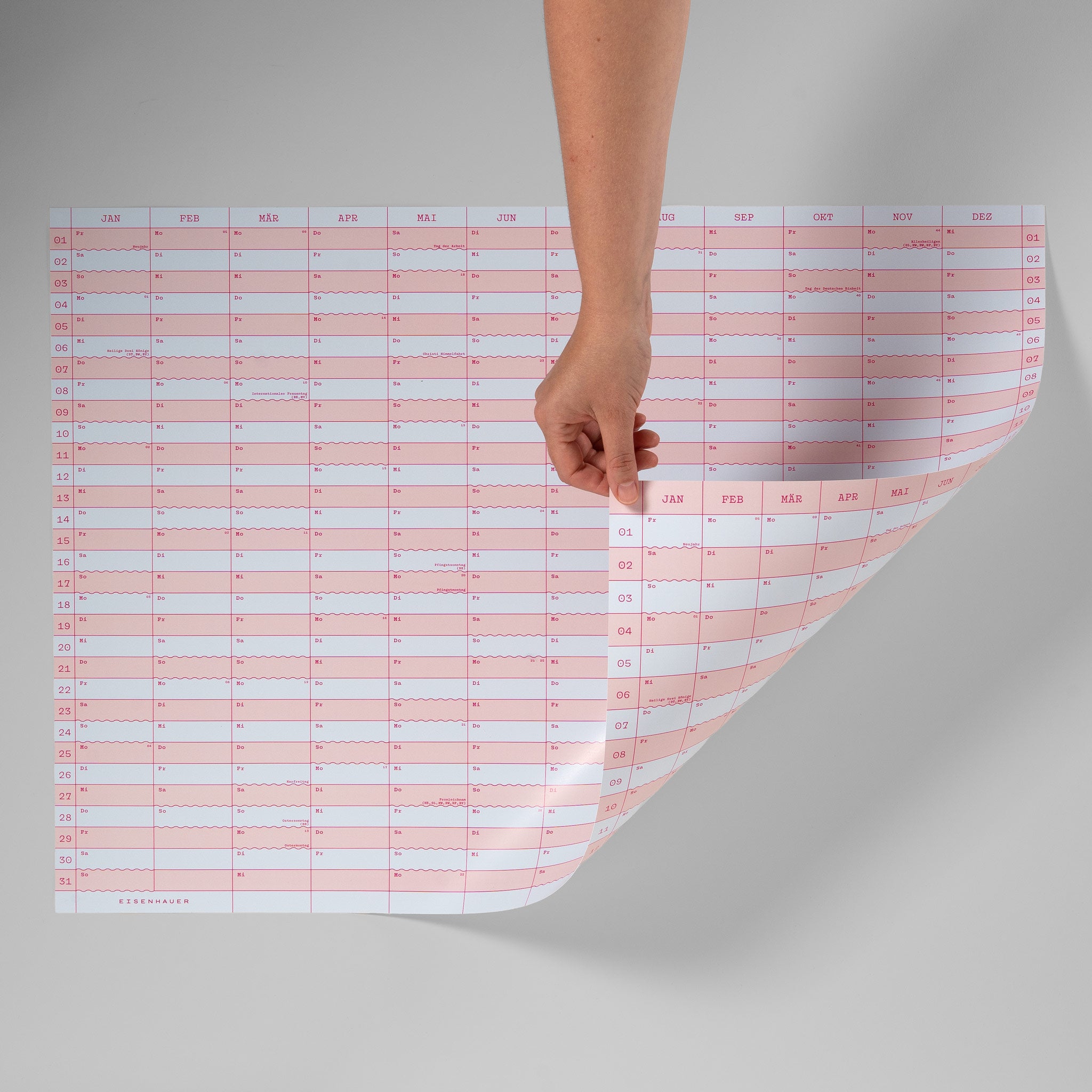 Wandkalender 2027, rosa-blau gestreift, Querformat – Vorder- und Rückseite
